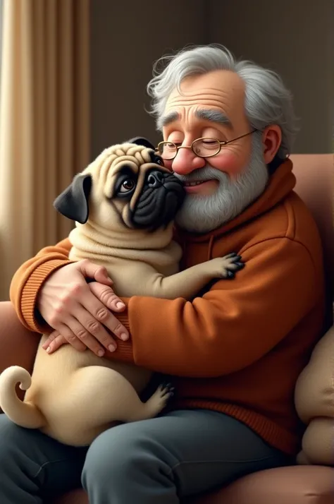 A pug hugging a grandpa