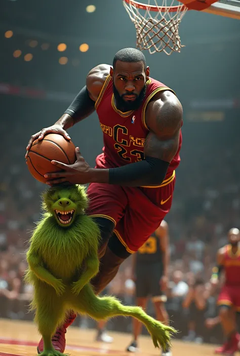  Do Lebron James dunking aggressively using one hand on top of the Grinch, and your other hand holds Grinchs head 