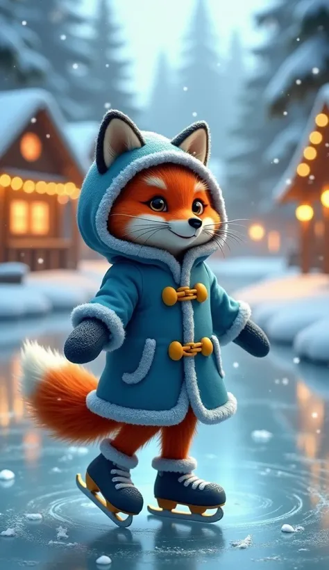 "A whimsical winter scene featuring an anthropomorphic red fox dressed in a cozy blue hooded coat with yellow toggles, wearing gloves and ice skates. The fox is gracefully skating on a frozen pond surrounded by snow-covered pine trees and wooden cottages i...