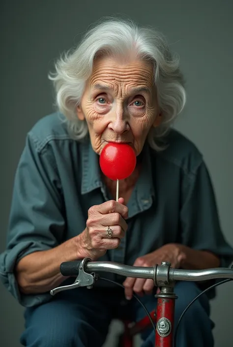 ultra realistic photograph,highly detail-oriented, super sharp ,  image quality 4k , Without mistakes or flaws of a woman with expression marks and a body befitting her 70 years of age naked and sucking a red lollipop sitting on the seat of a bicycle while...