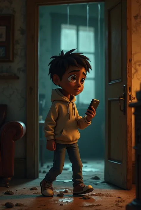 	 Wound Entering the House
 • Prompt :  A slave with big, inquisitive eyes , wearing a hoodie and jeans ,  holds a smartphone and steps into the dark, dusty living room.  Old furniture and cobwebs fill the room .  Pixar 3D animation style ,  warm lighting ...