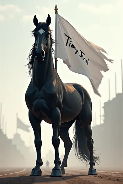 black horse, holding ((with the mouth ))  the staff of a flag where this  ((Above your head)),  flag is completely white and the name is written on it:  TIAGO ENRI
Completely in front