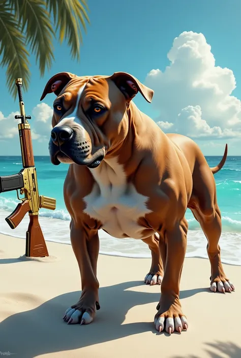 But Pitbul with a golden ak 47 in the background a beach