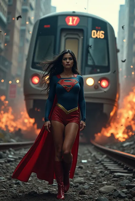 photo supergirl, large and strong breasts, long black hair very beautiful blue eyes arms on waist looking up as a subway train at full speed passes over her, completely destroying her front part at the moment of impact and she remains still in contact with...