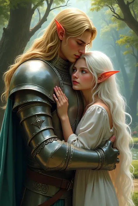 A knight in blond armor and blond long hair hugs an elf boy with long white hair