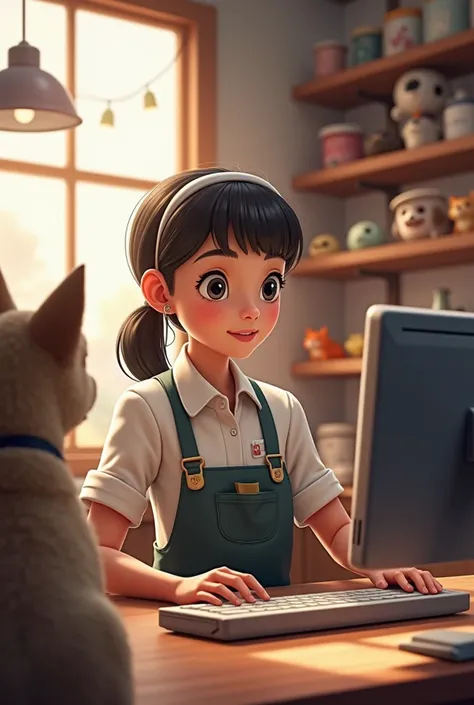 a Petshop ,  employee using a computer at work with a dog next to him