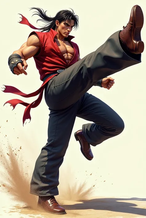 Robert Garcia  ( character from the saga King of Fighters ),  standing on his left leg while executing a burst of kicks at high speed with his right leg . . The movement of his kicks is so fast that he generates small swirls of air and causes the dust unde...