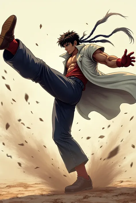 Robert Garcia  ( character from the saga King of Fighters ),  standing on his left leg while executing a burst of kicks at high speed with his right leg . . The movement of his kicks is so fast that he generates small swirls of air and causes the dust unde...