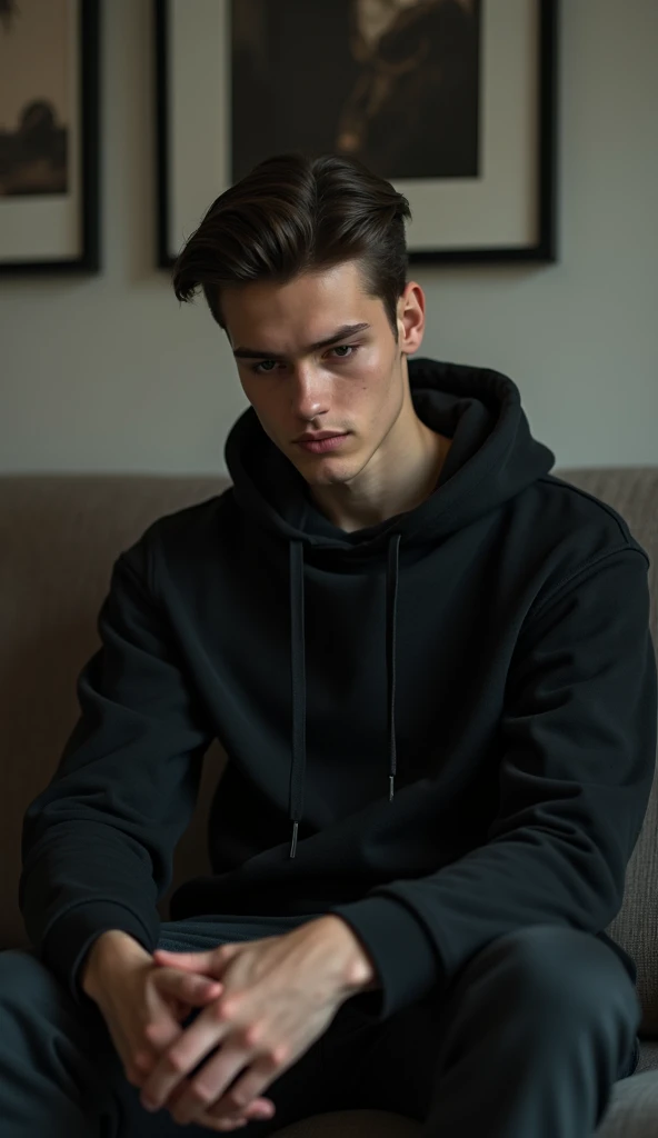  create an elegant, cool-looking image of a 17-year-old male with a two-block hairstyle:

Title: "Contemplative Poise"

The young man sits comfortably on the couch, his posture exuding a sense of thoughtful composure. His legs are crossed in a relaxed yet ...