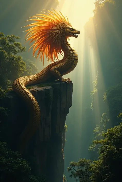 kukulcan, mayan mythology, feathered serpent god, god of creation and knowledge, Kukulcan is huge and glaring at the jungle below., highly detailed realistic photograph, masterpiece, cinematic lighting, dramatic camera angle, intricate feather textures, gl...