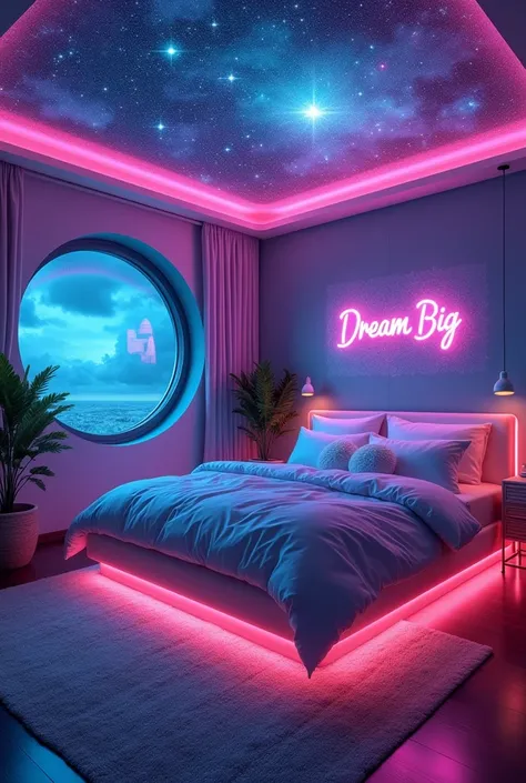 Create a realistic bedroom with a galaxy theme. Include deep blue, purple, and vibrant pink color tones. The ceiling should have RGB lights simulating a starry night sky. The bed frame should have RGB lights with a gradient glow matching the galaxy colors....