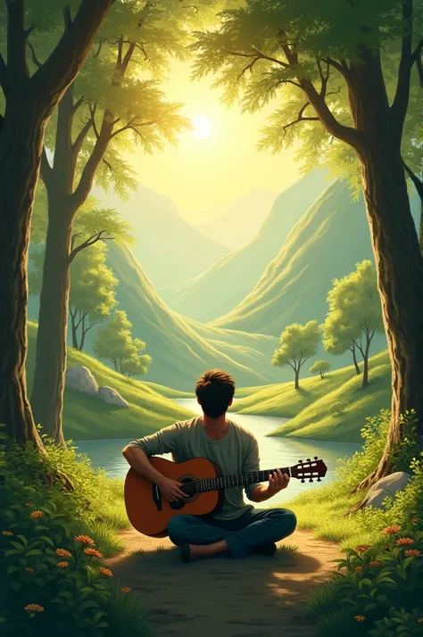 Man playing a guitar in the middle of nature in the background sun 