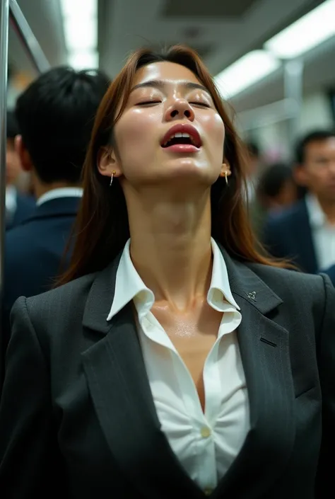  beautiful brown-haired woman , Commuter trains in Japan,Crowded car interior, Business suit over a white shirt with a wide chest , (( head back break screaming orgasm)) ,  sharp focus with eyes closed  , ( 8K Ultra HD :0.8),  Ultra Details ,  RAW amateur ...