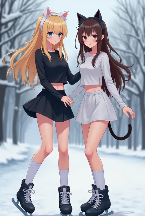 Real girl who is  and has long blonde eyes and blue eyes.  She is wearing a black long-sleeved tight crop top and a short black skirt.  She has white ears warmer with cat ears on.  She is skating right now and still has long white socks under her shoes . Y...