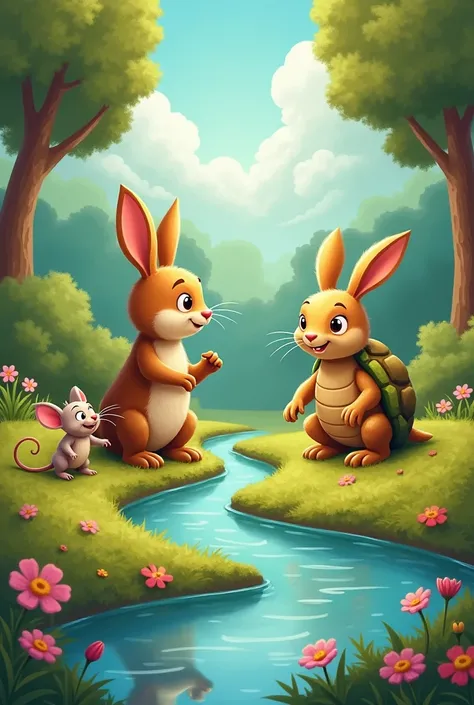 I want to create a picture in which rabbit and tortoise are standing along a river and a mouse is also there as for cheering for tortoise winning 