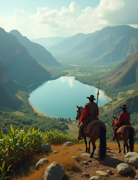  Create a hyper-realistic image of a lagoon surrounded by several hills in the background,  and agricultural fields producing corn around . you can see a Spanish conqueror on horseback ,  and two Incas armed with arches from the top of a hill ,  with a pan...