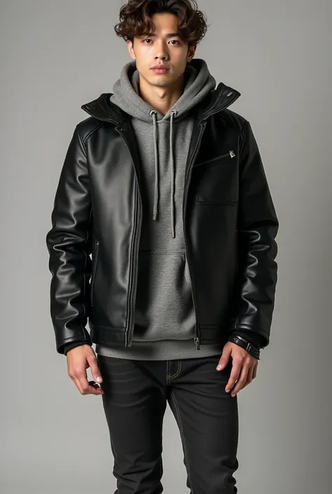 masutepiece, high quality, Ultra HD, Photorealistic, Specialization: 1.4), Portrait, Japanese 20-year-old male model, stylish winter casual look. Wearing black leather Zara jacket, gray hoodie, dark jeans, Dr. Martens black boots, leather bracelets. Softer...