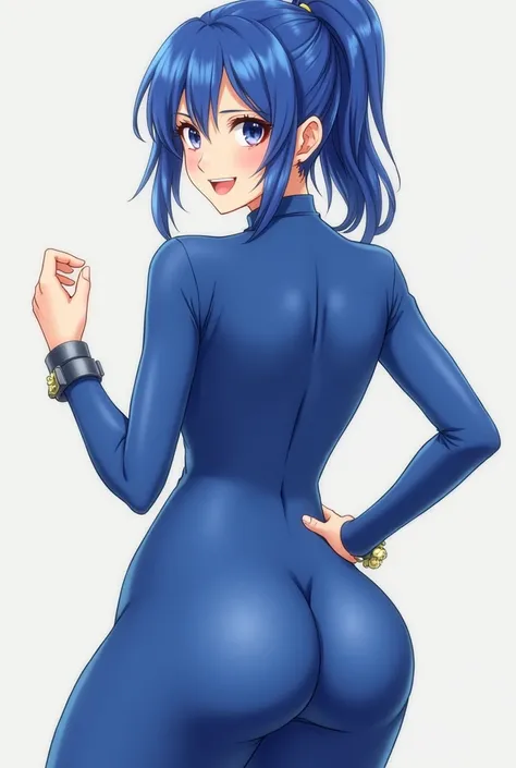 1girl, Mature Female, Anime, Blue Hair, Smile, Blue Body Suit, Big Ass, From Behind, Lipstick