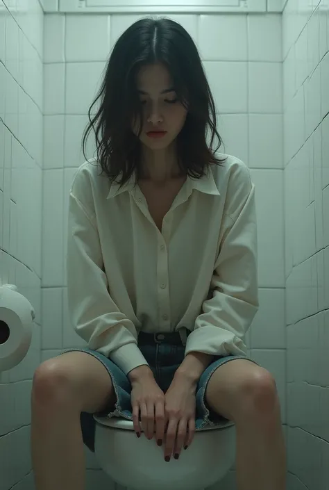 Woman sitting on toilet