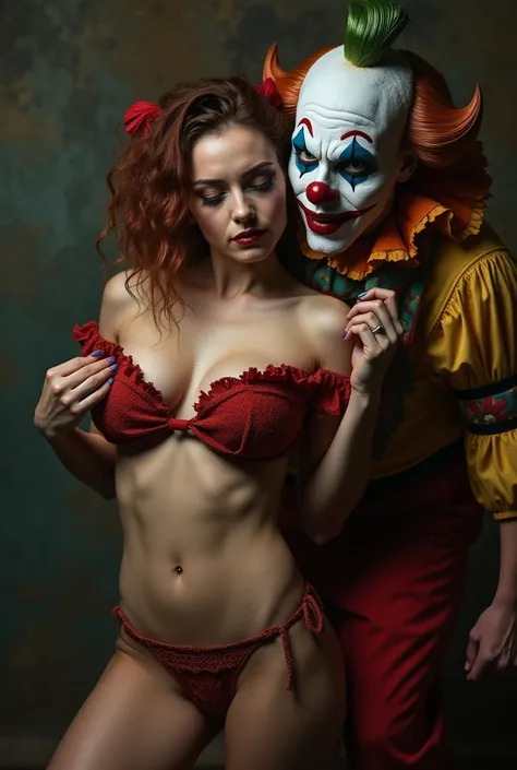 A beautiful naked woman being dominated by a creepy clown