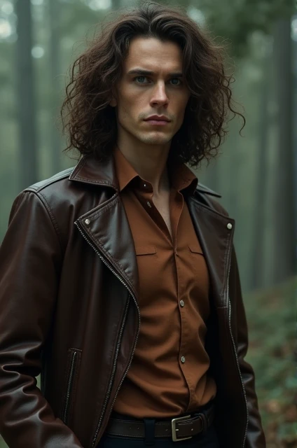  tall ,  well-built man ,  narrow face high cheekbones , blue-green eyes,  brown longer curly hair . Auburn shirt , brown leather jacket,  black long dress pants .  He is 500 years old and he is an old school vampire,  he only moves at night to feed himsel...