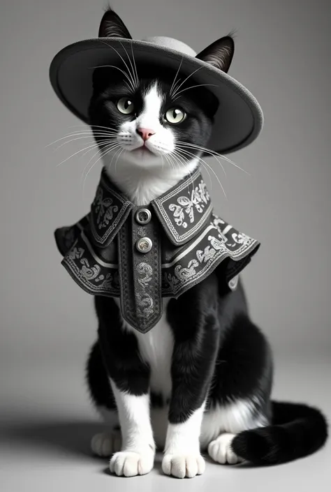 Black and white cat dressed as a Colombian vallenato 
