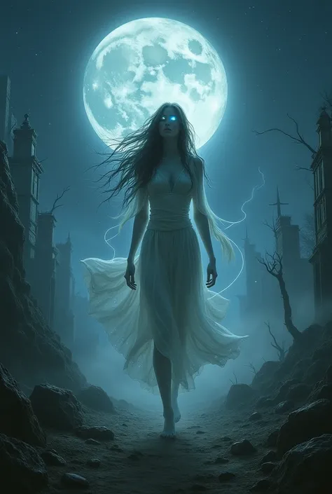 A haunting and ethereal depiction of Lilith’s spirit wandering the world. Her translucent form drifts through a desolate, moonlit landscape, surrounded by mist and shadows. Her eyes glow faintly with an otherworldly light, and her flowing hair merges with ...