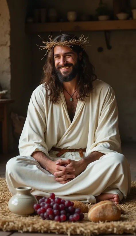 Create an ultra-realistic image of a man with a beard and long, brown hair, wearing a white robe and a crown of thorns, resembling Jesus Christ. He is smiling gently, sitting on a straw rug on the floor of an old, rustic but cozy room. In front of him, on ...