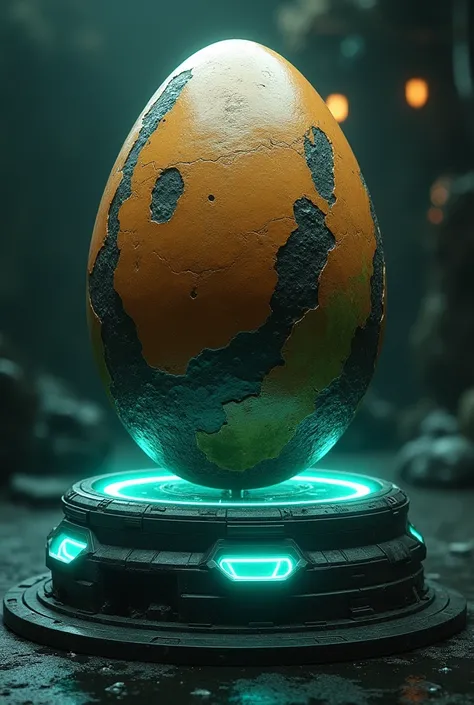  A hyperrealistic illustration of a giant egg perched on a futuristic incubator that looks like a technological platform,  with bright LED lights and metallic panels illuminated in cool tones . . The egg has detailed textures with irregular protrusions and...