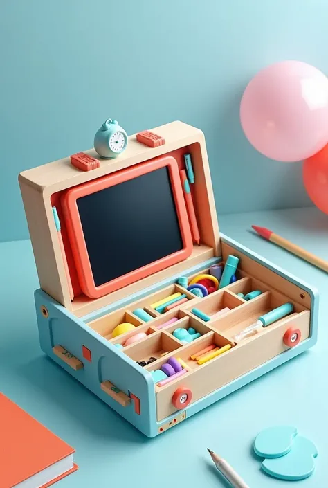  Wooden educational organizer ,  of blue and red color , with small touch screen ,  small digital touch pen included ,  with foldable handles on the sides ,  small clock on the top , with GPS ,  with compartments for placing pens or colors or post it