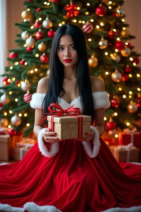 Complete original photo of a beautiful woman, taking a photo near the Christmas tree, wearing an hourglass. dressed as Santa Claus with straight black hair. brown eyes dark brown eyeshadow, black eye pencil, red lipstick, wearing a beautiful Santa Claus ou...