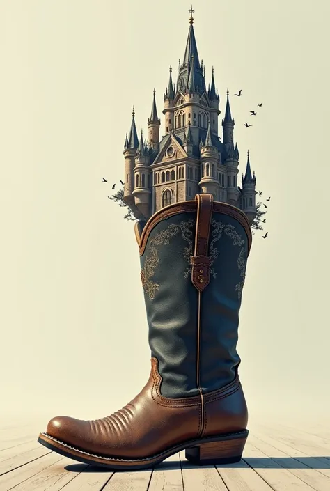 "Please create an image of a boot where the lower half is a traditional boot, and from the ankle upwards, it gradually transforms into a  building ."