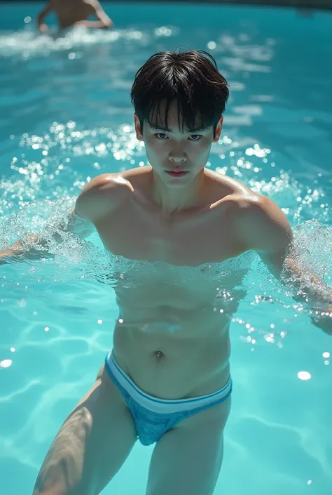 Young sixpack boy teen, japanese, handsome, white skin, detailed, big bulge in crotch, only use underwear, swimming, in swimming pool