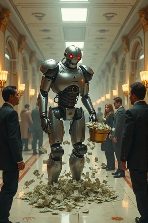 A robot comes to the bank and pours dollar bills on the floor out of the bucket. All the people and clerks are shocked and he shouts "Say maaaara you whores!!!"