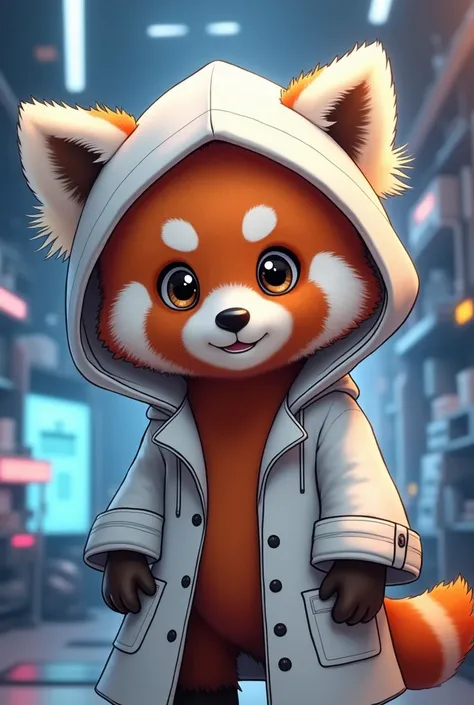 anthropormorphic smiling red panda in a pure in a white lab coat, anime, cute, concept art, hooded, cyberpunk