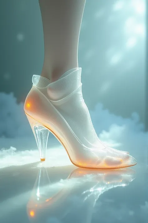 A transparent shoe that feels like the lightest shoe in the world, as if theres nothing on your feet. Walking in this shoe evokes the sensation of walking on clouds.