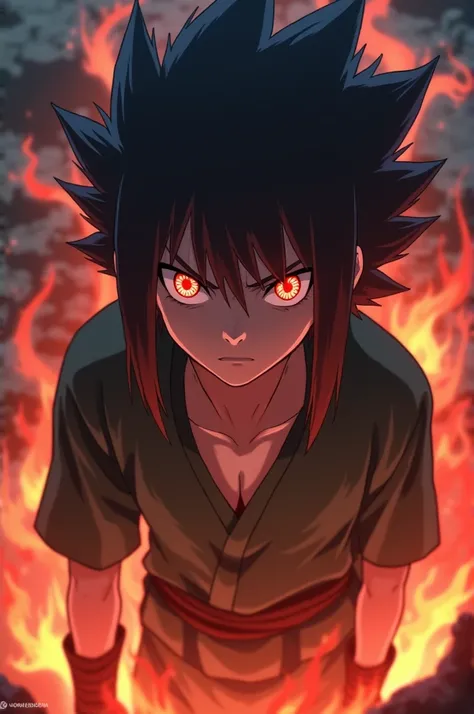 Anime character that could be the son of obito uchiha and Rin nohara around  long spiky hair  with a mangekou sharingan and fingerless gloves with flaming aura 