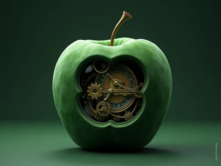  draw a dark green velvet apple, inside which clock  