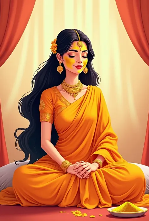 Create an illustrative image where the bride is seated on a Dewan , the bride has a smile on her face with semi closed eyes. The bride has haldi on her face and on her both hands. The bride is fair skin toned and has black long hairs altogether on backside...