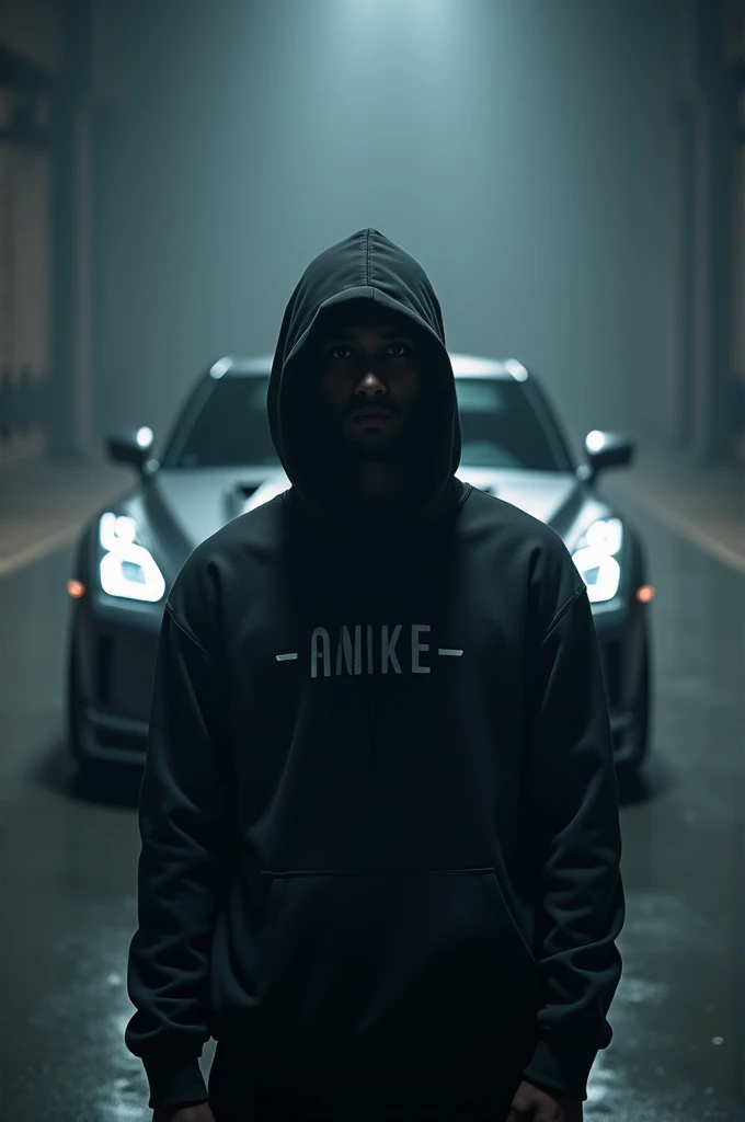 Make an image of a mysterious and in the background a GTR r35 car and the guy wearing a Nike sweatshirt