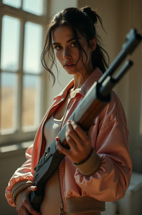 living room background, wasteland,, fragments, soft feminine satin bomber jacket,  woman holding rifle，fighting stance，almost perfect, pure form, intricate details, 8K post-production, high resolution, super detailed, Popular topics on Artstation, sharp fo...