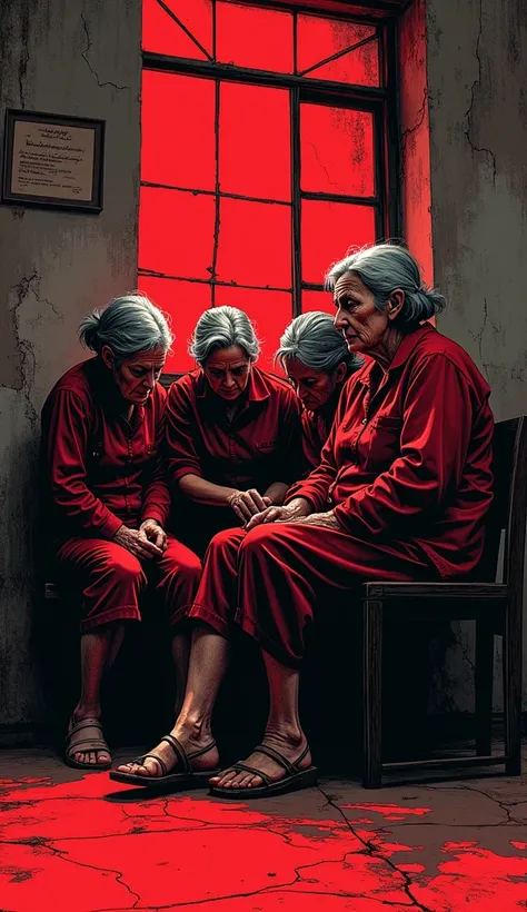 The image shows a red and black ink illustration of a group of elderly female teachers, sitting very scared in an old and ugly office in Bogotá. Super resolution, the best quality.
