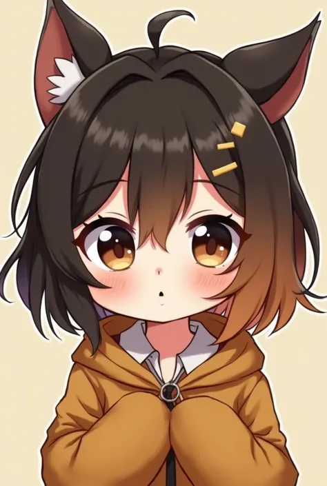 A Chibi brown with big eyes  , with heterochromia one eye black and another amber color  , her hair is colored from the middle to the left black and the other side the color of honey.  she has full lips and a well-rounded nose  