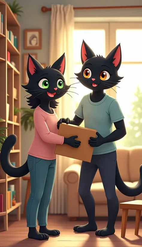 image realistic and cheerful scene of two anthropomorphic black-furred cats, now in their mid-20s, casually arranging things in their cozy home. The female cat, with sparkling green eyes and dressed in a simple pastel pink blouse and jeans, is smiling warm...