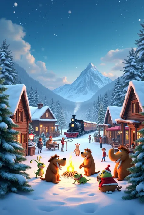  images in winter style where the main characters from the ice age will be present (for a break),  polar express , kevin with one home ,  cold heart , Grinch 