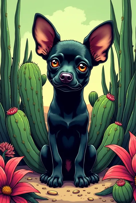  Realistic and colorful realistic comic art style image of a small black dog with smooth skin, Ocicon and with big ears in an act of metamorphosis becoming a maguey cactus.