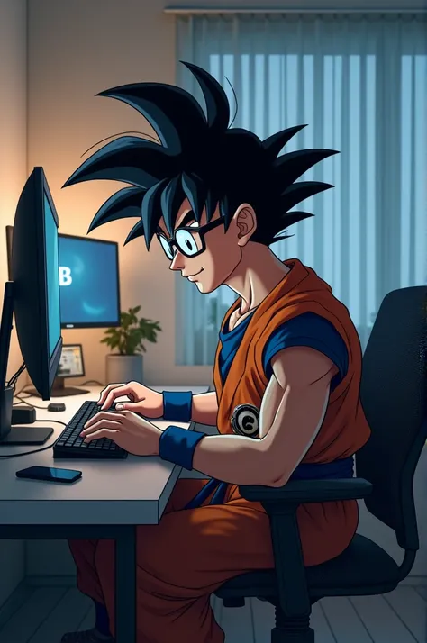 Goku wearing black glasses using a computer
