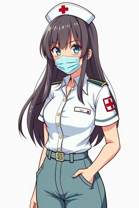 colorful sketch drawing,  anime style , simple sketch drawing, simple lines,  a young military agent with long fringed hair, nurse wearing a mask , In a tight blouse with a medical armband and a skirt   