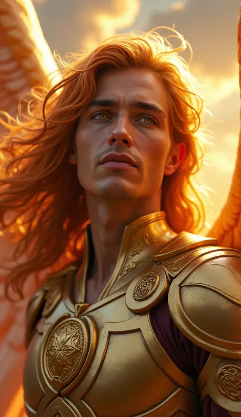 "An ultra-realistic close-up of Uriel, the archangel of wisdom and enlightenment. Uriel is depicted with a serene yet powerful expression, his bright, golden eyes gleaming with knowledge and divine insight. His hair is a mix of fiery red and golden, flowin...