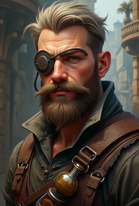 Human, historic, fantasy, monster hunter, armour(leather), bandolier(potion vials), brown full beard(medium, neat), mustache(cropped, neat, straight), left eye(eye patch, metal), full hair(light, short), close up, charming, compassionate 